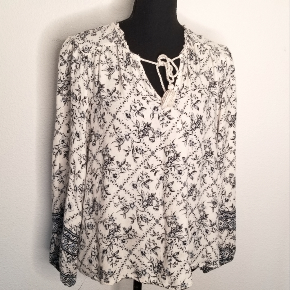 Lucky Brand Top Boho Viscose Tassels Border Print Blue Peasant Long Sleeves L - Picture 2 of 8